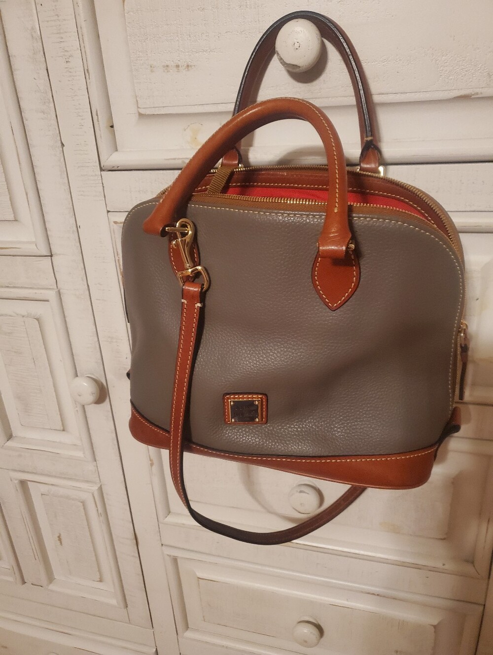 Dooney & Bourke Gray Leather Satchel with Brown Trim and Red Interior